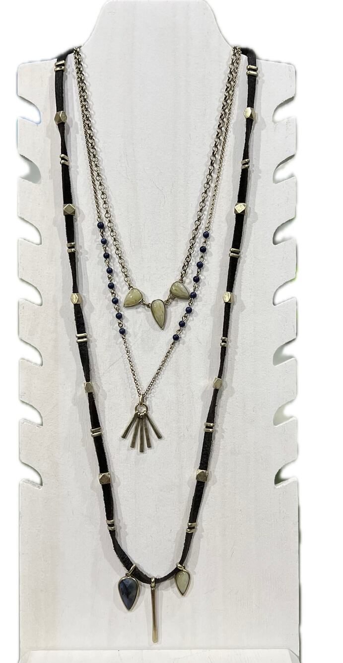 Lucky Brand Boho Multi-Layer Gold Tone Multi Stone Leather Necklace
